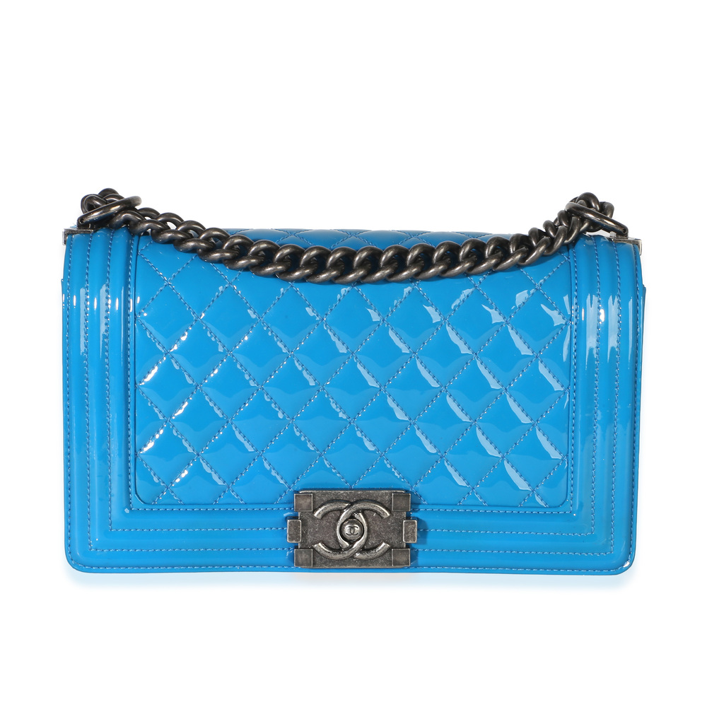 Chanel Blue Quilted Patent Old Medium Boy Bag